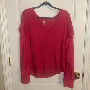 Pilcro from Anthropology V Neck Waffle Long Sleeve Shirt with Ruffled Arms